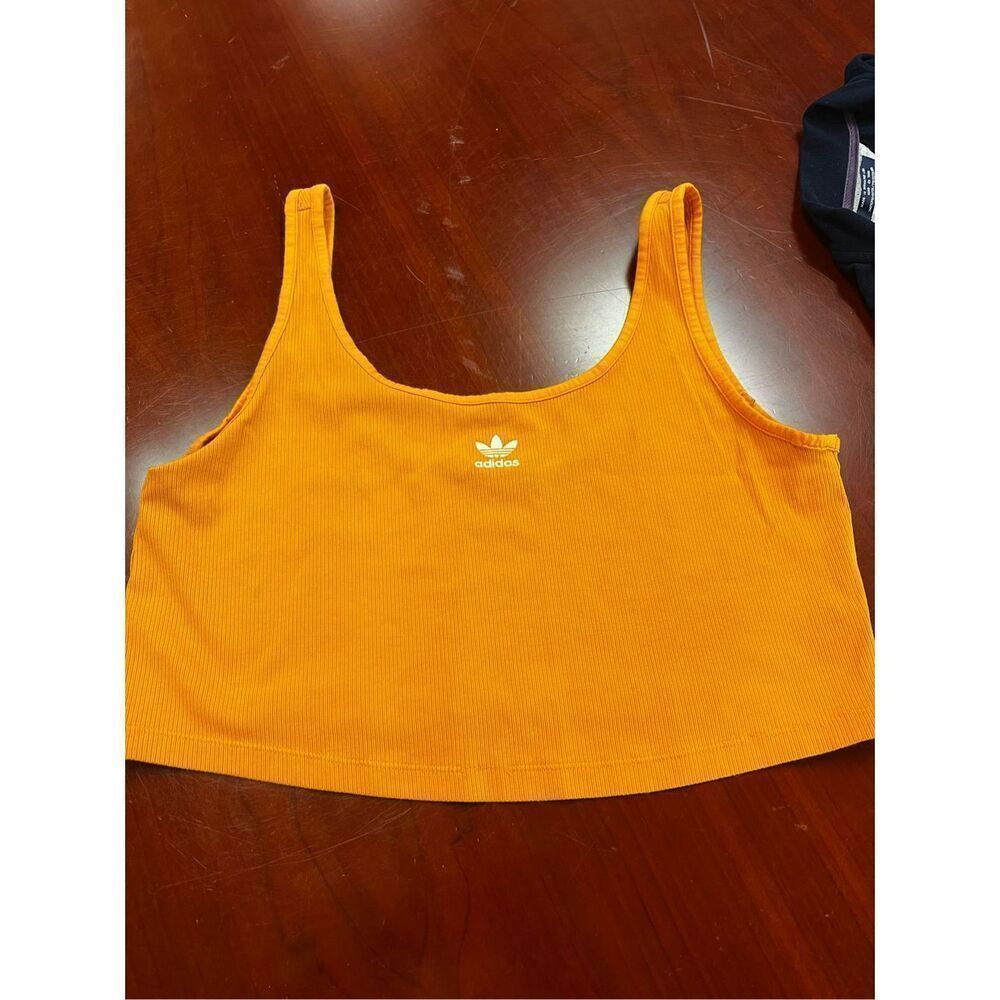 Adidas Orange Ribbed Embroidered Logo Cropped Tank sz L